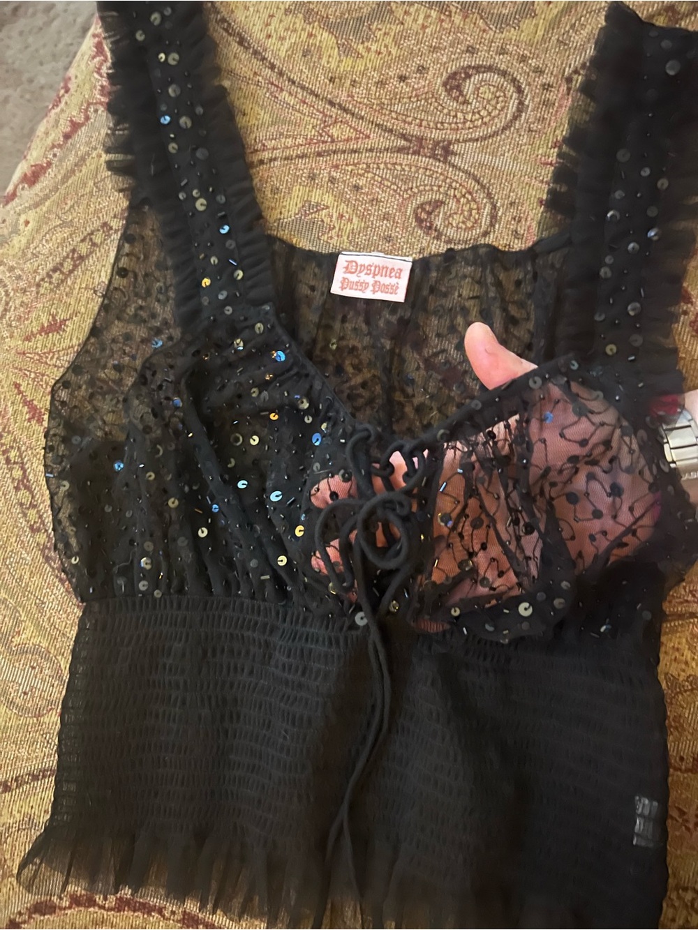 Dyspnea - Black Sheer Lace & Sequin Blouse size XL